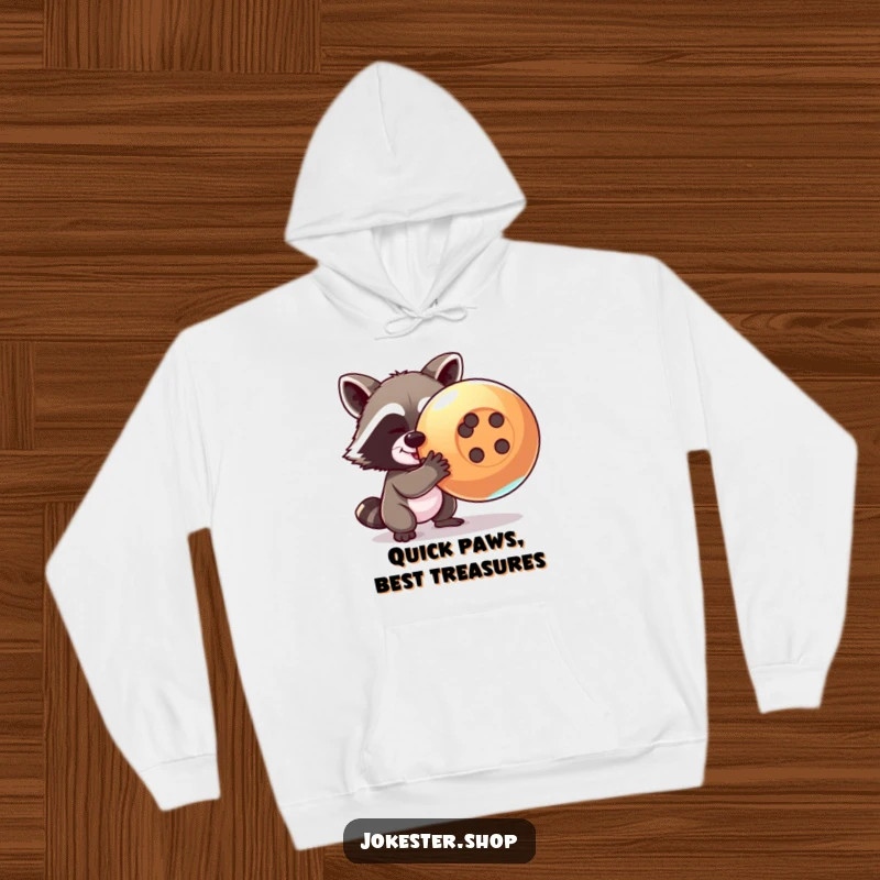 Funny raccoon hoodie featuring a mischievous raccoon attempting to steal a giant, shiny button, offering warmth and humor.