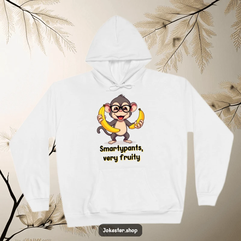 Funny hoodie showcasing a mischievous monkey in spectacles, juggling an array of oversized bananas with comical focus and flair.