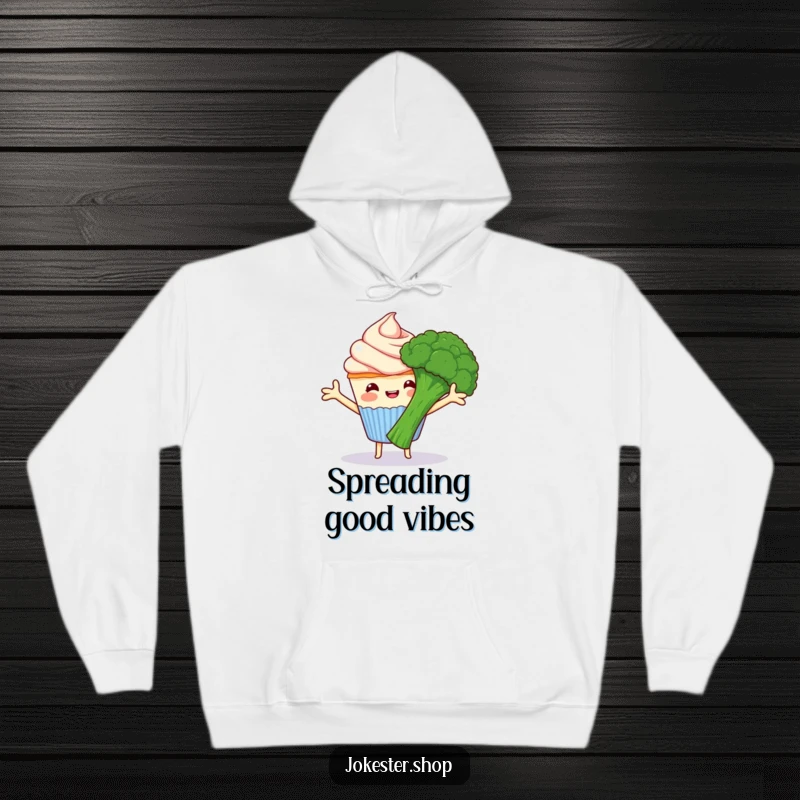 Funny happy cupcake with frosting arms hugging grumpy broccoli, soft hoodie featuring sweet and grumpy cartoon characters, best funny gift.