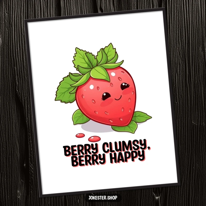 Funny Free Printable Wall Art of a blushing strawberry comically tripping over its own leaves, showcasing sweet, shy charm.