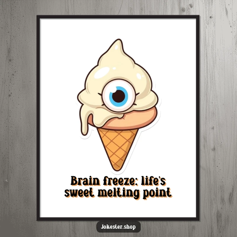 Funny Free Printable Wall Art: A melting ice cream cone with one giant eye, looking confused, a hilarious and unique downloadable.