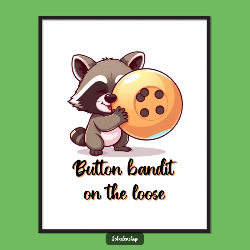 Funny Free Printable Wall Art: Mischievous Raccoon, Shiny Button Heist, Quirky Decor
