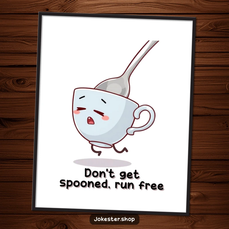 Funny free printable wall art showing a tiny teacup with legs frantically escaping from a comically oversized, threatening spoon.