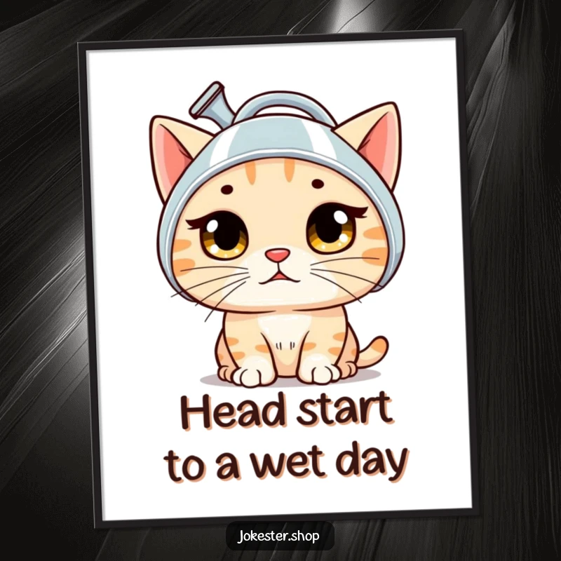 Funny Free Printable Wall Art: A bewildered cat with wide eyes accidentally wearing a watering can as a helmet.