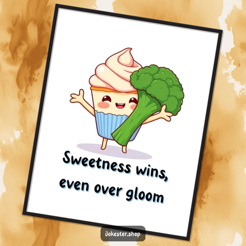 Funny Free Printable Wall Art: Happy cupcake with frosting arms outstretched, attempting to hug a grumpy broccoli, a funny downloadable scene.