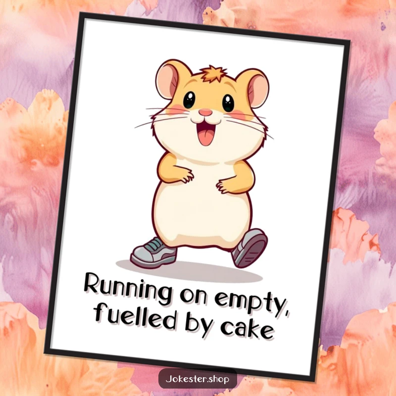Funny Free Printable Wall Art of a happy hamster comically sprinting in place, bringing athletic humor to decor.