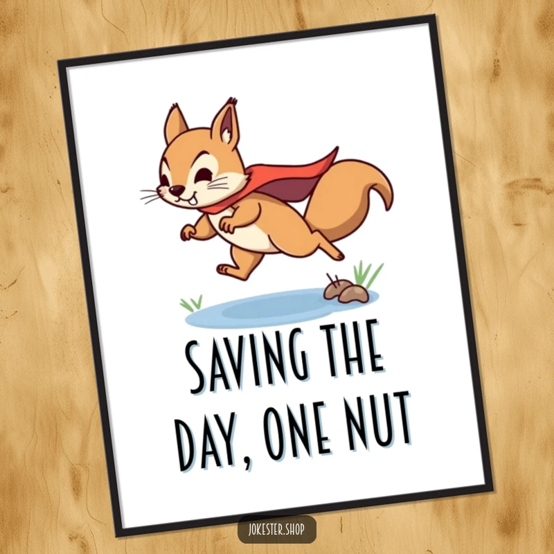Funny Free Printable Wall Art: A determined squirrel wearing a superhero cape leaping bravely over a small puddle.