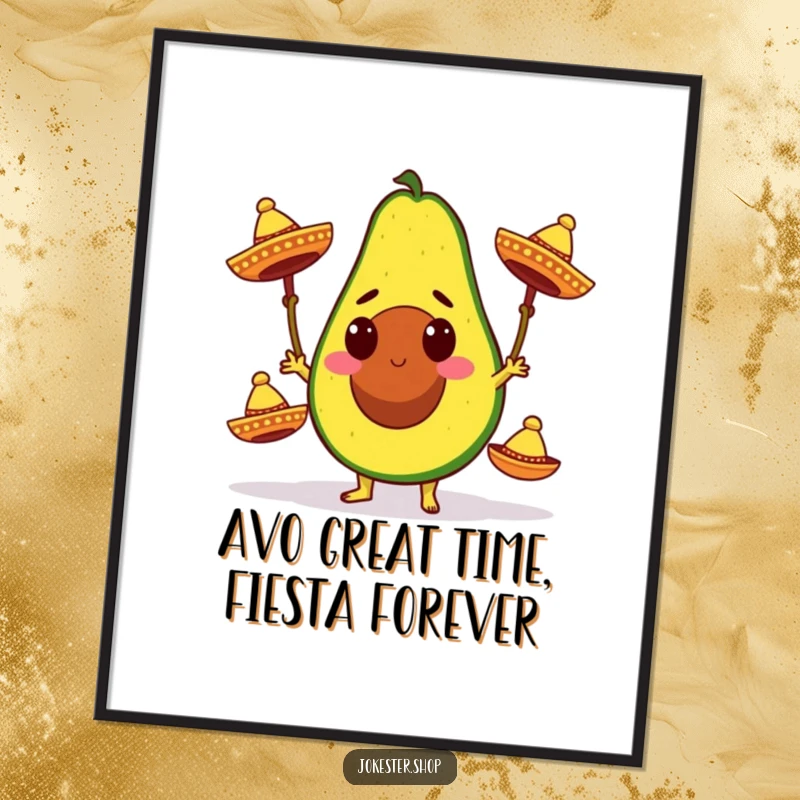 Funny Free Printable Wall Art: A determined avocado character comically juggles three miniature sombreros with a focused yet fun expression.