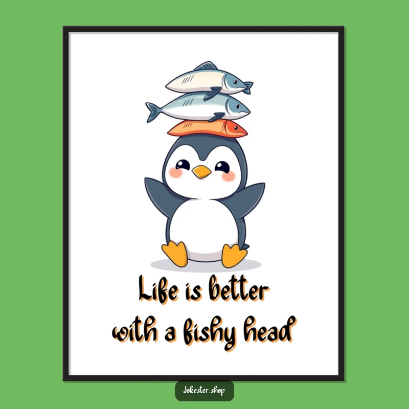 Free Printable Wall Art: Funny Penguin Fish Stack, Playful Downloadable Art Print
