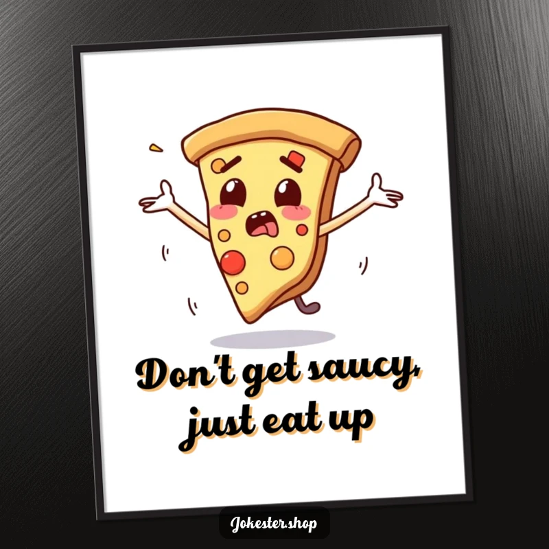 Funny Free Printable Wall Art: A startled slice of pizza with flailing arms slides downhill in a moment of pure, comical panic.
