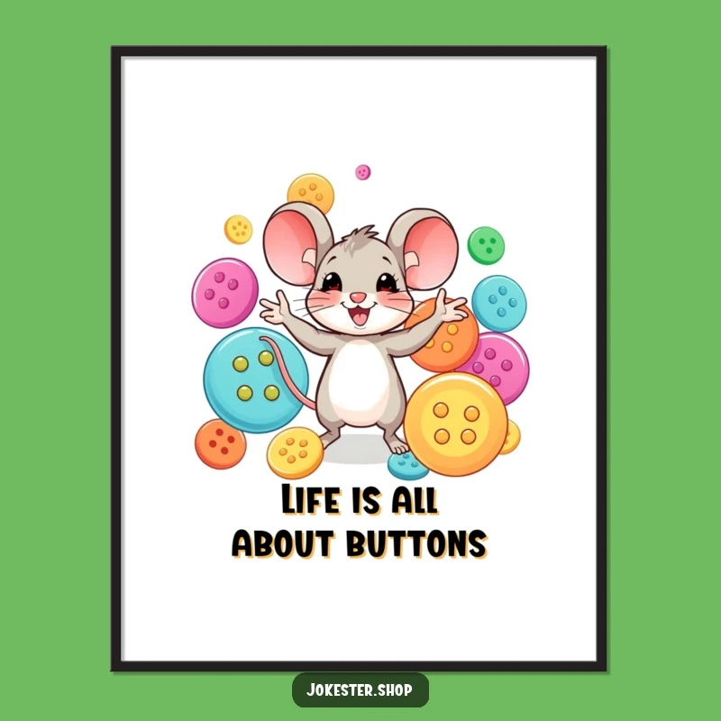 Free Printable Wall Art: Happy Mouse Juggling Buttons, Humorous Downloadable Decor