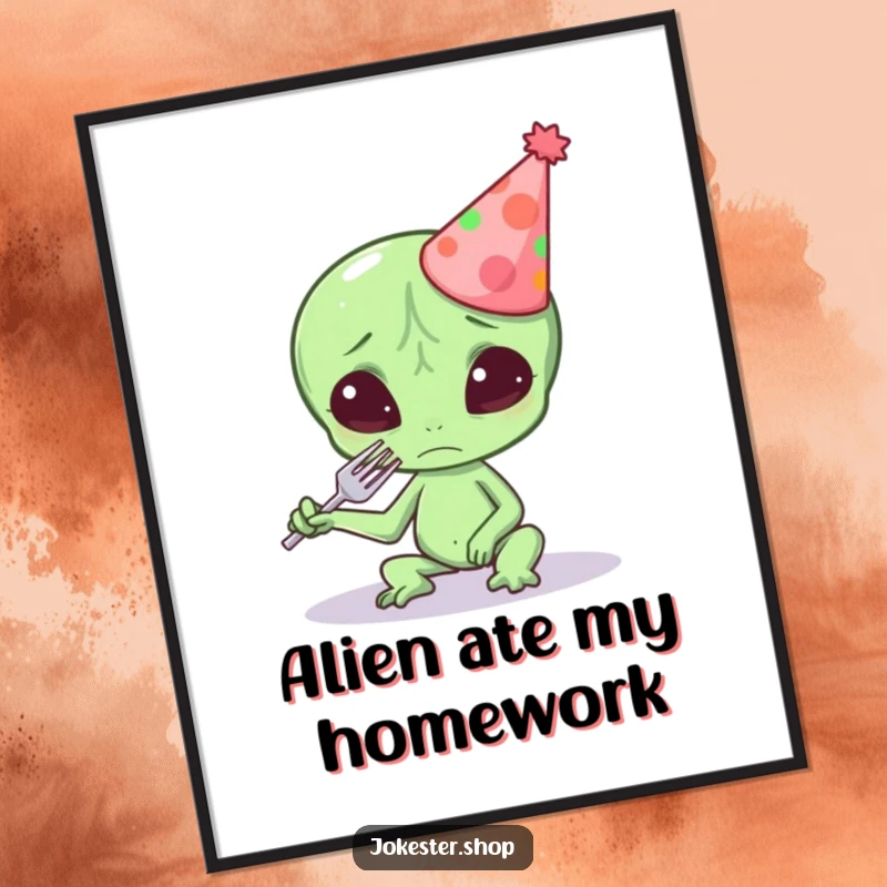 Funny Free Printable Wall Art: Confused alien in a party hat trying to eat a fork, quirky decor.