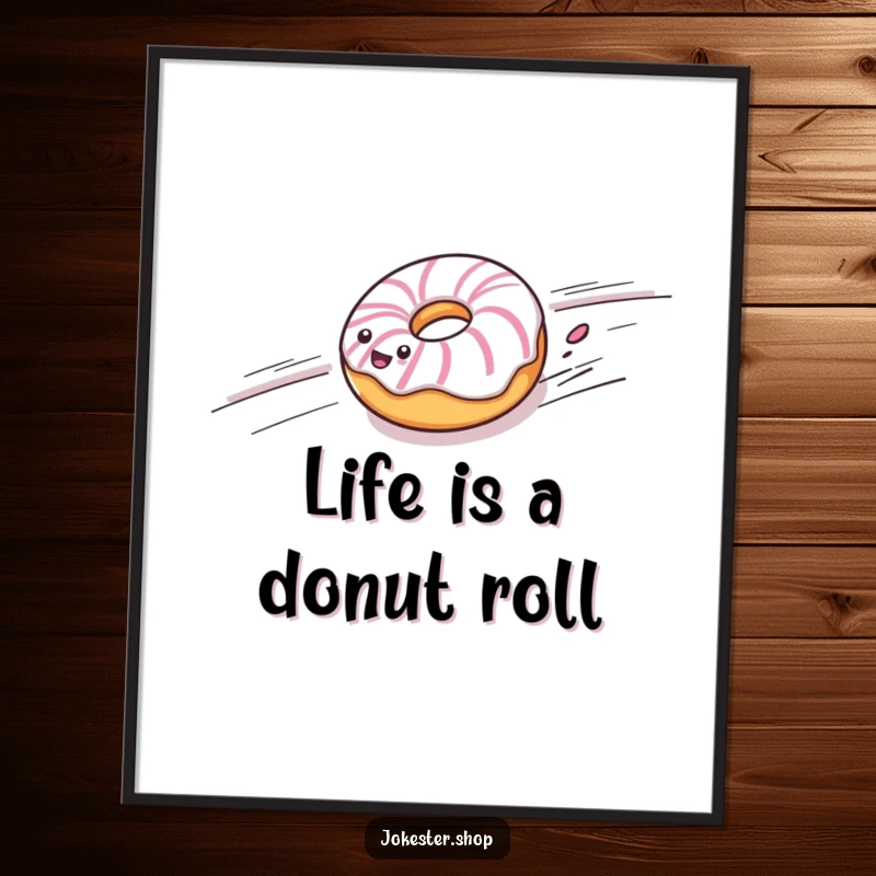 Funny Free Printable Wall Art: Cheerful striped donut rolling downhill at high speed, vibrant downloadable art.