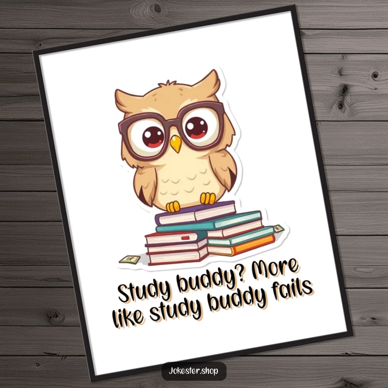 Funny free printable wall art of a wide-eyed owl in oversized glasses, dropping a chaotic pile of books, a perfect piece of humorous art.
