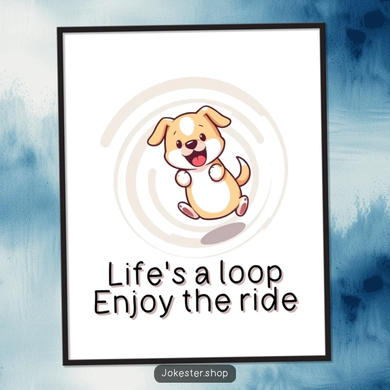 Funny Free Printable Wall Art: Bewildered dog chasing its tail in a comical, dizzying spiral motion.