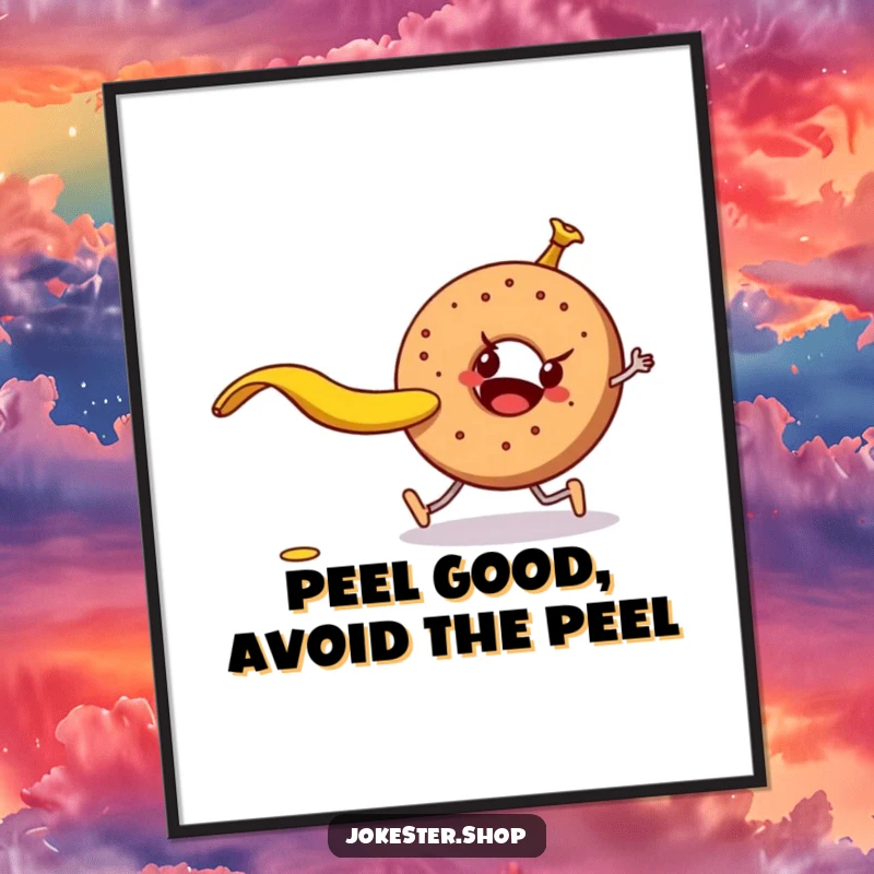 Funny Free Printable Wall Art: Mischievous banana peel poses a tripping hazard for a walking bagel character.