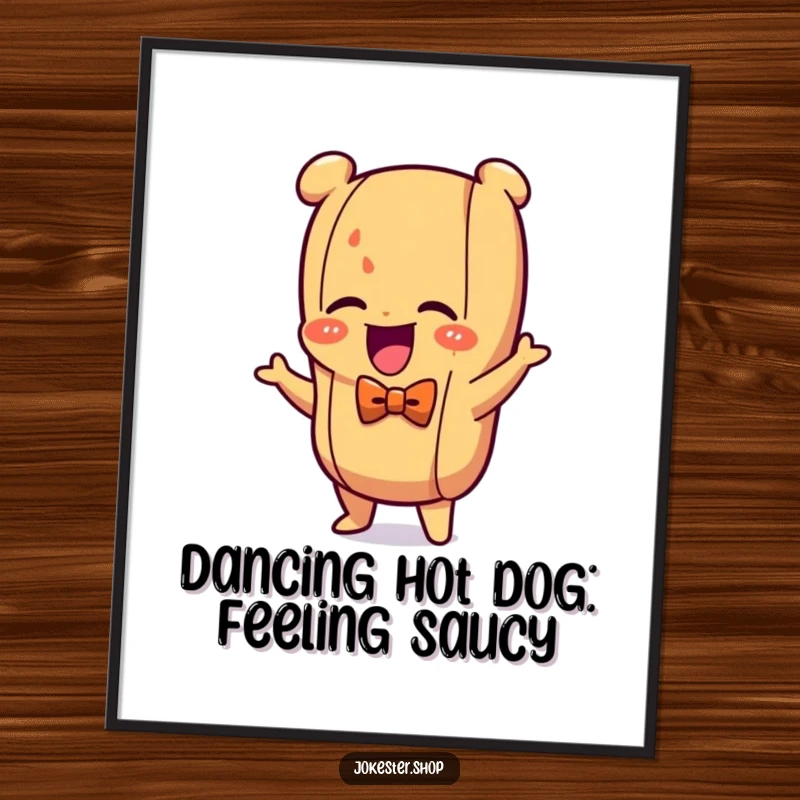 Funny Free Printable Wall Art: A giggling hot dog in a bow tie dances with enthusiasm, adding fun decor.