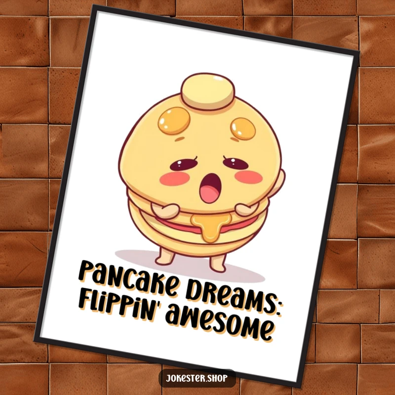 Funny Free Printable Wall Art: A determined pancake character hilariously attempts to flip itself, adding quirky charm.