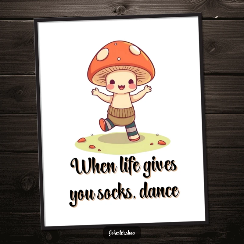 Funny Free Printable Wall Art: A mushroom with mismatched socks is captured mid-dance, full of goofy energy.