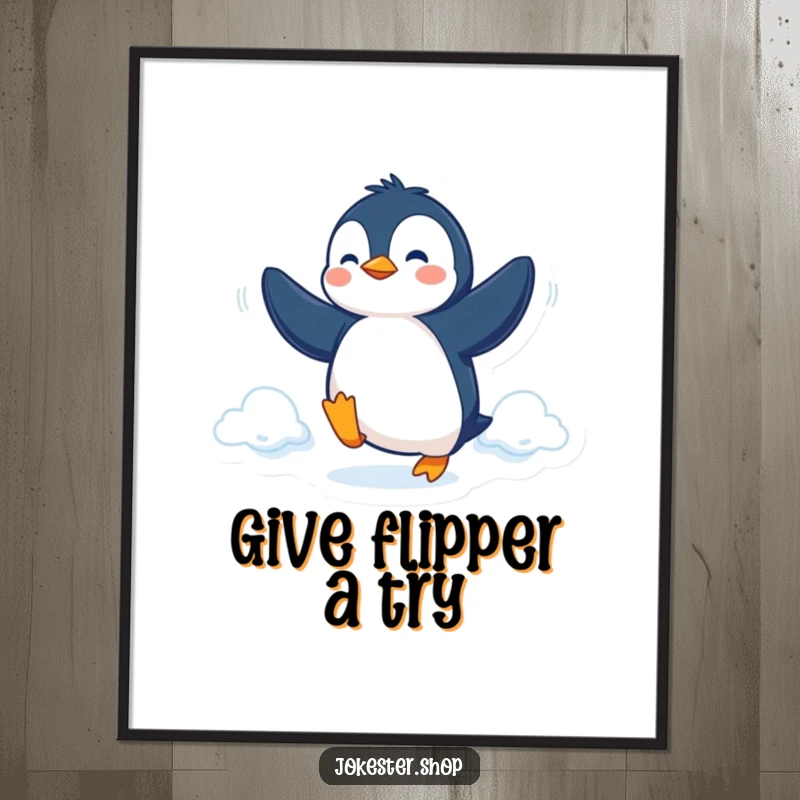 Funny Free Printable Wall Art of a determined penguin comically attempting to achieve flight by vigorously flapping its flippers.