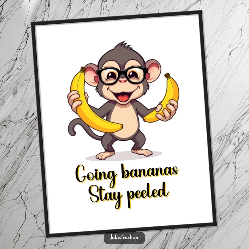 Funny Free Printable Wall Art: Mischievous monkey wearing glasses juggles oversized bananas, a vibrant, funny scene.