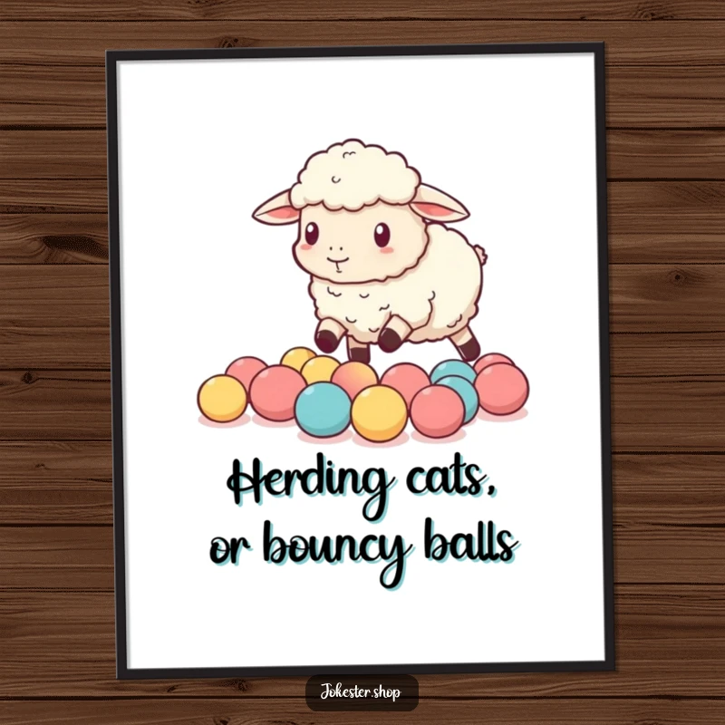 Funny Free Printable Wall Art of a sheep comically herding tiny bouncy balls, adding whimsical humor to decor.