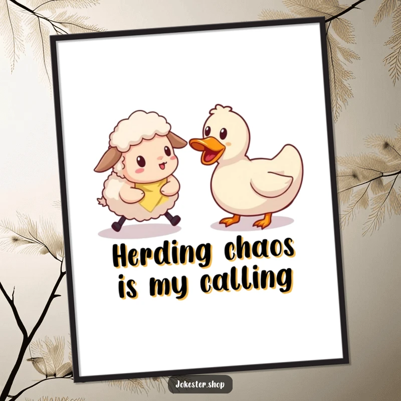 Funny free printable wall art depicting a clumsy sheep comically trying to herd a single, extremely stubborn rubber duck, a scene of playful chaos.