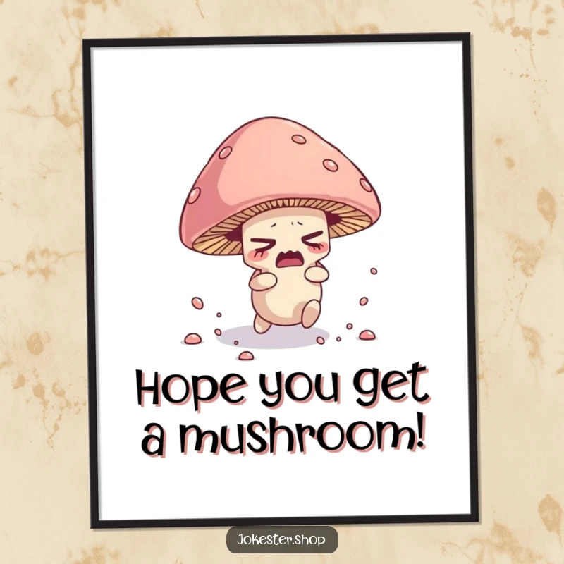 Funny Free Printable Wall Art: A nervous mushroom character hilariously tripping over its own cap, scattering spores.