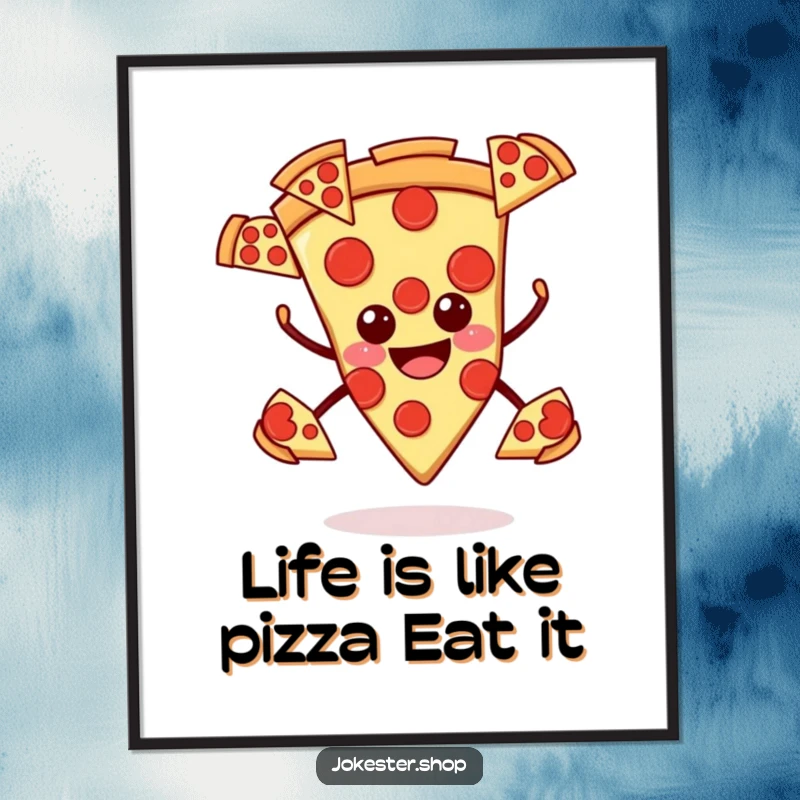 Funny Free Printable Wall Art: Smiling pizza slice humorously juggling multiple pepperoni slices.