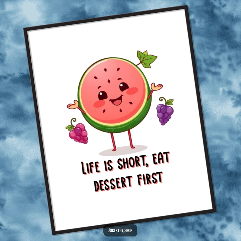 Funny Free Printable Wall Art: A cheerful watermelon slice artfully juggles three tiny grapes, adding humor to any room.