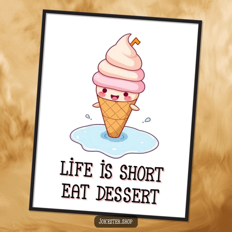 Funny Free Printable Wall Art: Happy ice cream cone with a tiny hat slips spectacularly on its own puddle.