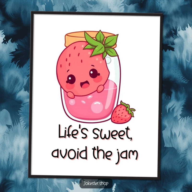 Funny Free Printable Wall Art: A cheerful strawberry character looking surprised, stuck inside a jam jar, a humorous and downloadable piece.
