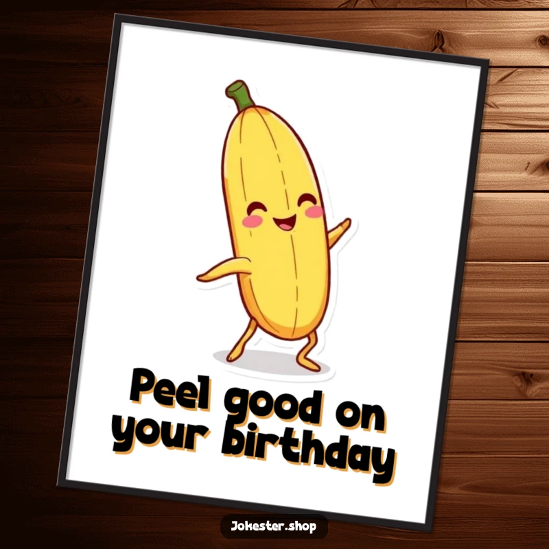 Funny Free Printable Wall Art: Smiling banana peel with legs slipping comically on itself.