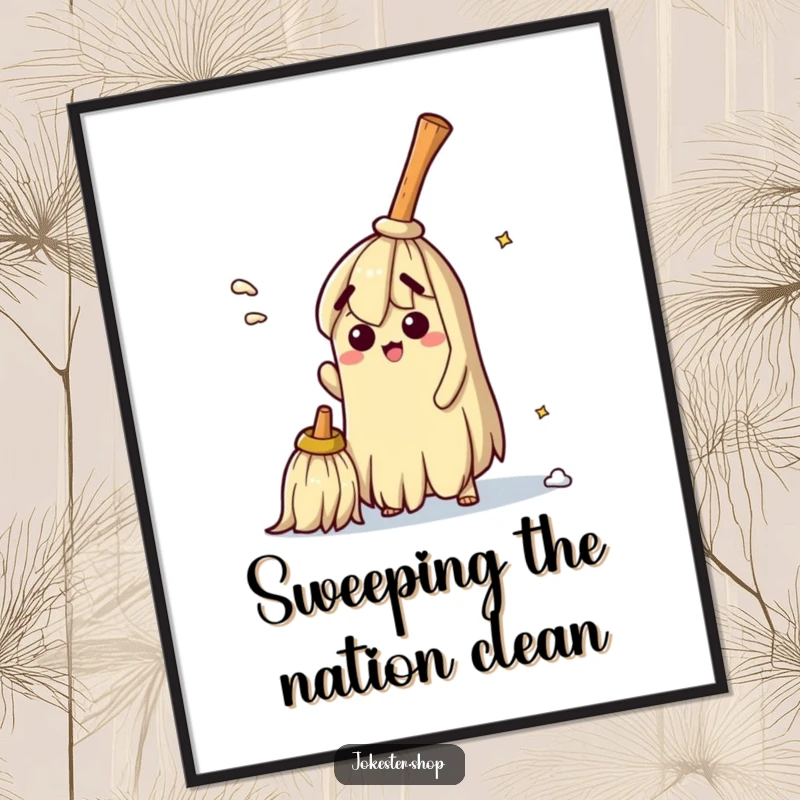 Funny Free Printable Wall Art: A single broom looking perplexed as it tries to sweep its own dusty bristles.