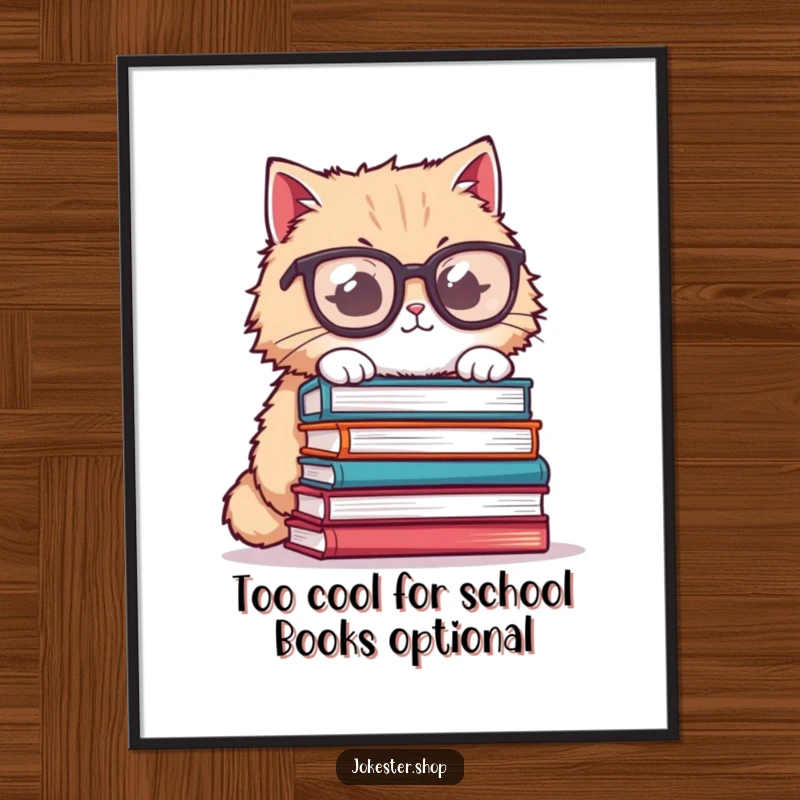 Funny Free Printable Wall Art: Fluffy cat wearing oversized glasses, humorously balancing a precarious stack of books.