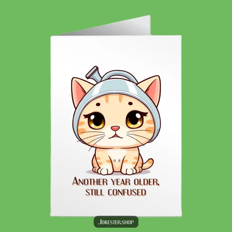 Free Printable Funny Cat Birthday Card: Bewildered Kitty with Watering Can Helmet!