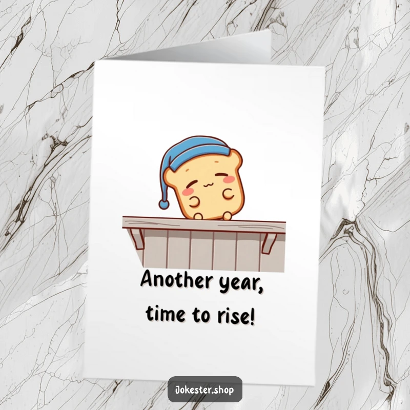 Funny Free Printable Birthday Card: A sleepy bread loaf in a nightcap tumbling off a shelf, perfect for a funny birthday surprise.