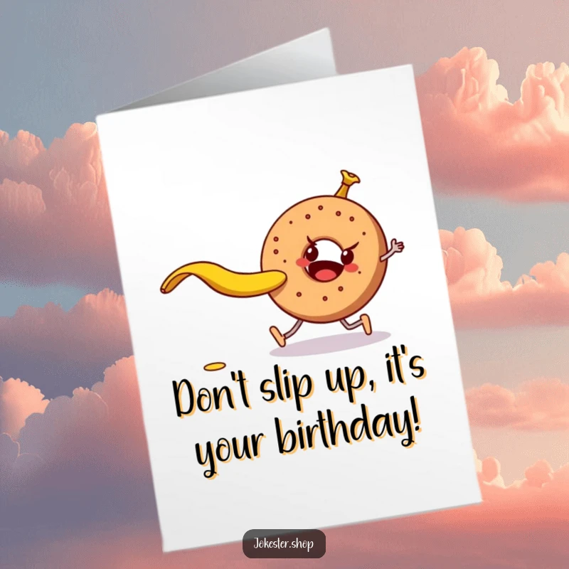 Funny Free Printable Birthday Card: Mischievous banana peel lying in wait to trip a walking bagel character.