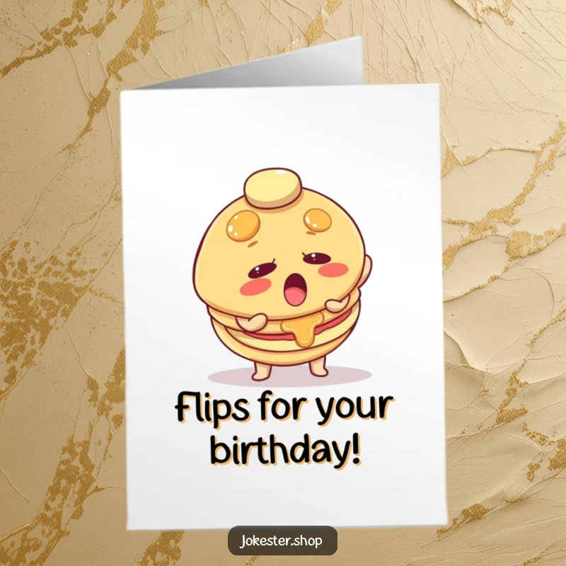 Funny Free Printable Birthday Card featuring a determined pancake character mid-flip, ready to bring laughter to any celebration.