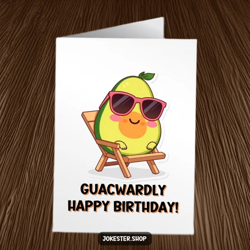 Funny Free Printable Birthday Card: Smiling avocado wearing sunglasses lounges on a tiny beach chair, wishing a cool, happy birthday.