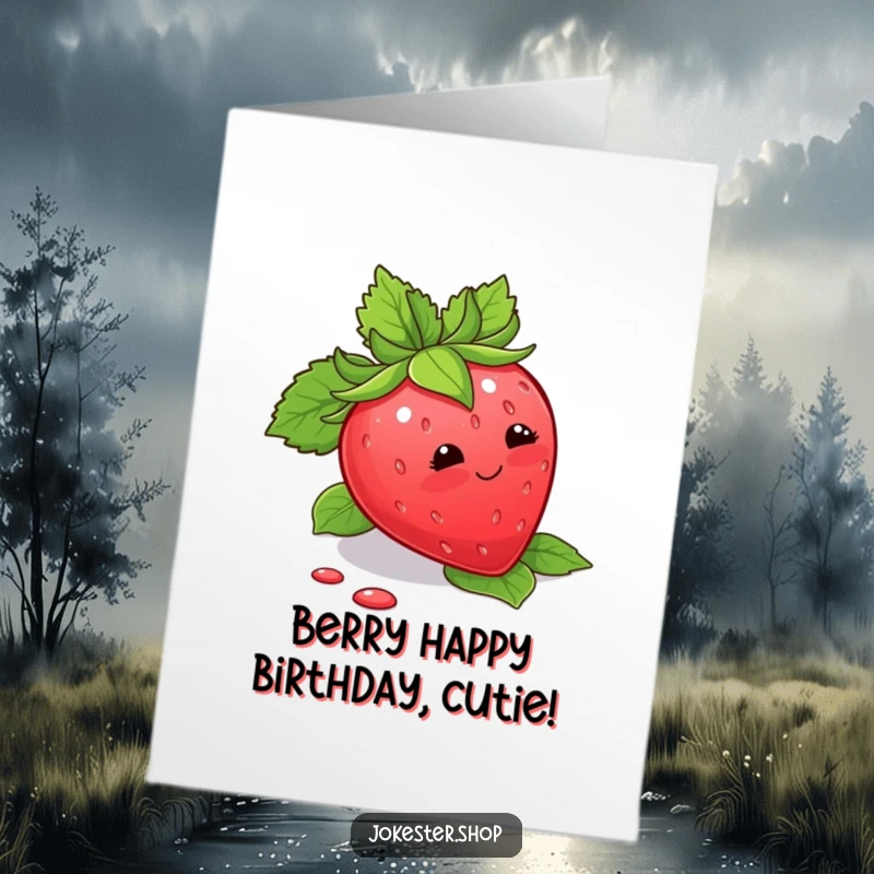 Funny Free Printable Birthday Card with a blushing strawberry tripping over its own leaves, looking adorably flustered.