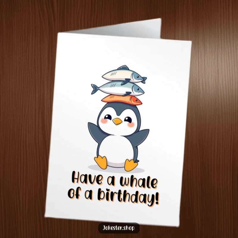 Funny Free Printable Birthday Card: A cheerful penguin precariously balances a tall stack of fish on its head, looking proud.