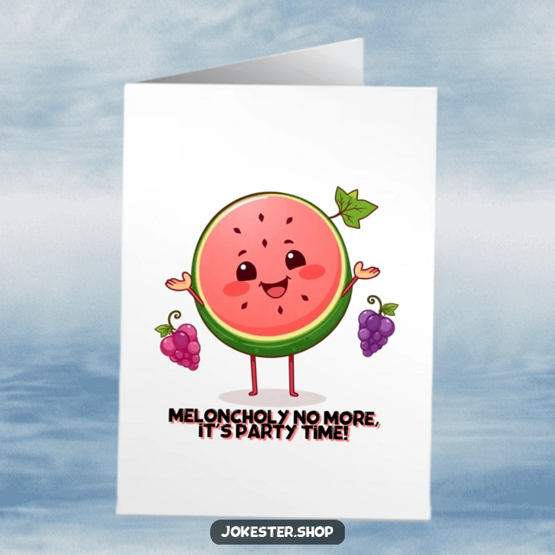 Funny Free Printable Birthday Card: A cheerful watermelon slice expertly juggles three tiny grapes, spreading birthday joy.
