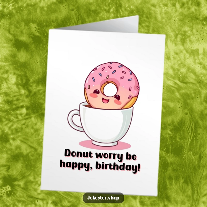 Funny Free Printable Birthday Card: A delighted donut chuckles while doing a headstand in a coffee cup.