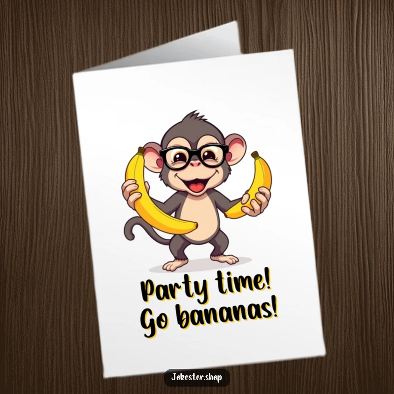 Funny Free Printable Birthday Card: Mischievous monkey in glasses juggles oversized bananas, a chaotic celebration.