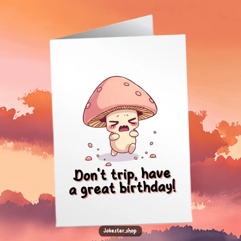 Funny Free Printable Birthday Card: Nervous mushroom tripping over its cap, scattering spores in a funny, surprised birthday wish.