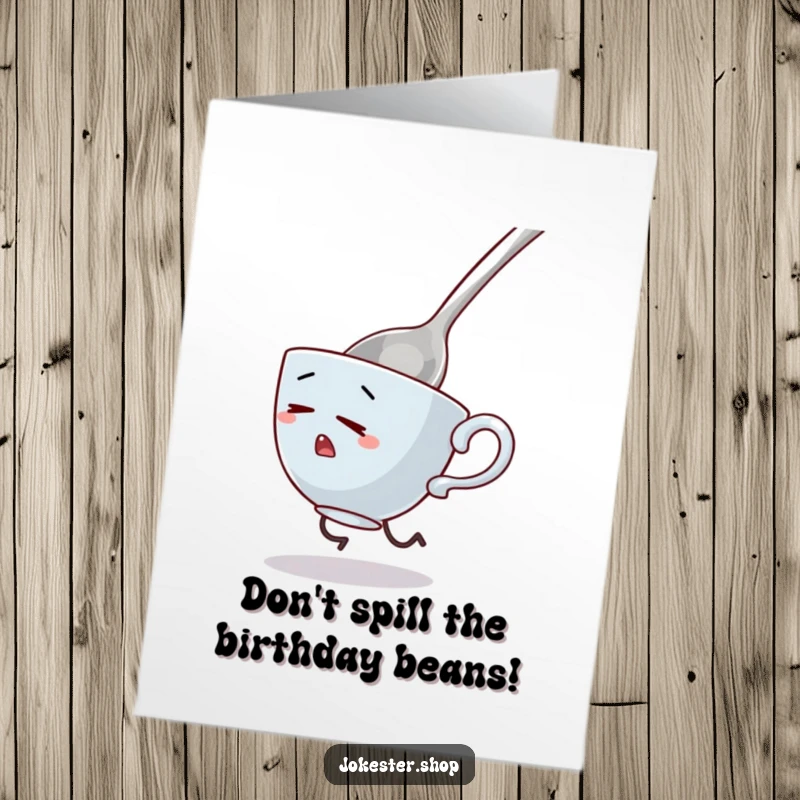 Funny free printable birthday card showing a tiny, nervous teacup with legs sprinting away from an enormous, menacing spoon.