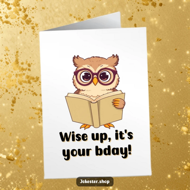 Funny Free Printable Birthday Card: Confused owl with huge glasses struggles to read a massive book.