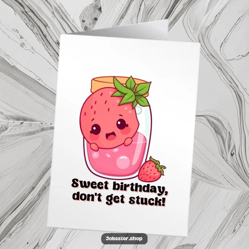 Funny Free Printable Birthday Card: A cheerful strawberry character surprised, stuck inside a jam jar, a berry silly birthday greeting.