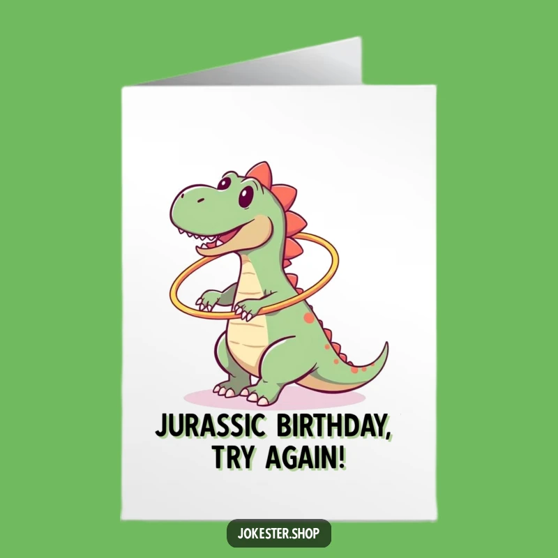 Free Printable Funny Dinosaur Birthday Card: Clumsy Dino's Hoop Fail Downloadable Gift